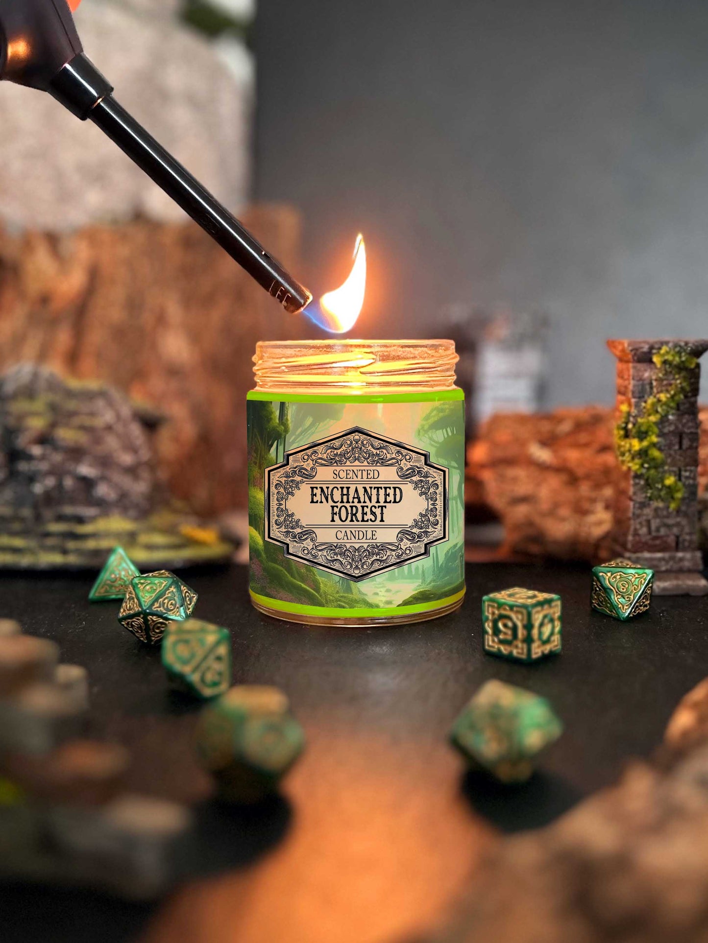 Scented Candle Enchanted Forest with Surprise D20 Dice