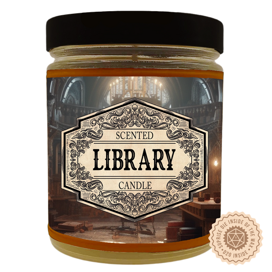 Scented Candle Library with Surprise D20 Dice