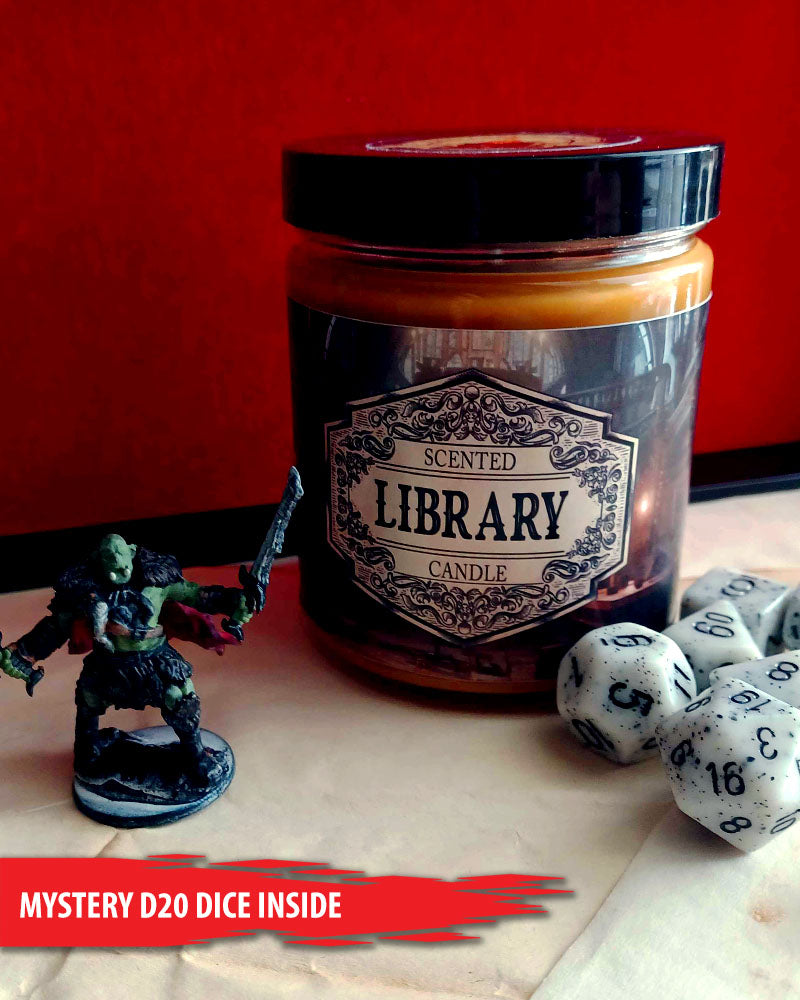 Scented Candle Library with Surprise D20 Dice