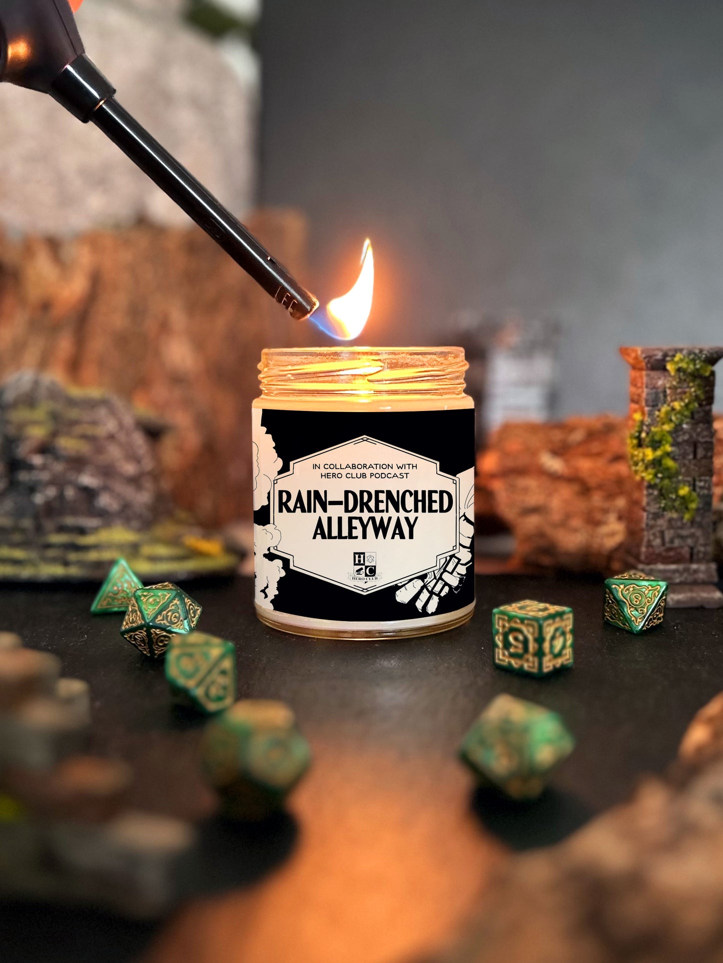 Rain-Drenched Alleway Scented Candle with Surprise D20 Die | Hero Club