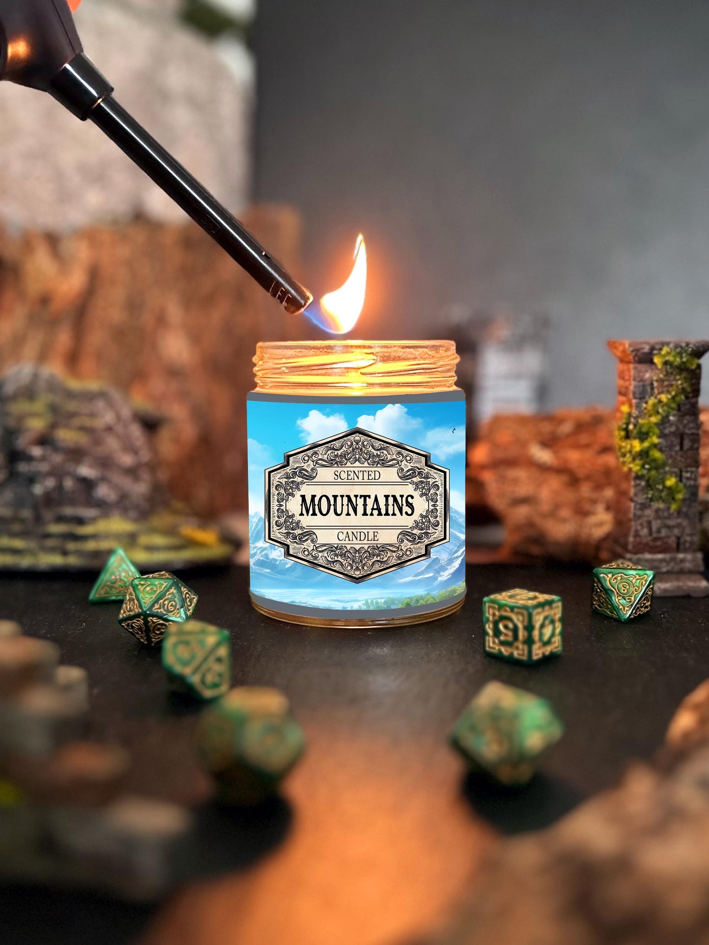 Scented Candle Mountains with Surprise D20 Dice